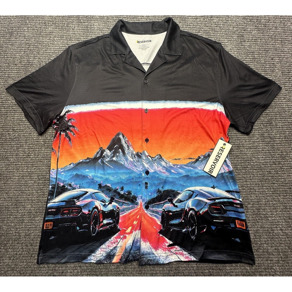 Reservoir Shirt Mens Small Multicolor Car Racing Graphic Short Sleeve‎ Button Up
